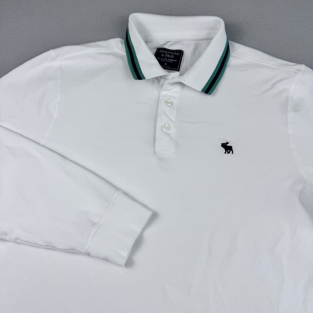 Abercrombie & Fitch Long Sleeve Polo Men XL White Stripe Collar Y2K Rugby